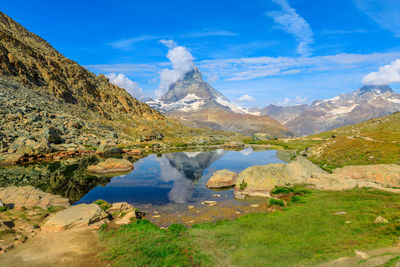 Scenic view of lake and mountains against sky