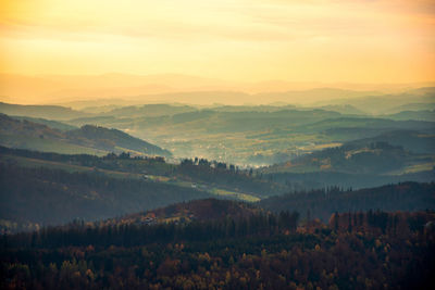 Beautiful view on polish mountains beskidy seen from ochodzita mountain in the autumn, evening light