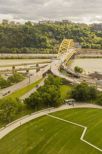 High angle view of bridge over calm lake