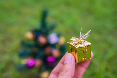 Cropped hand of person holding gift box