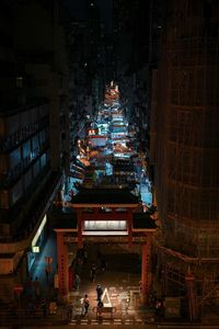 High angle view of illuminated building at night