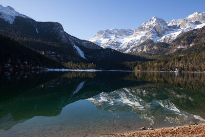 Scenic view of lake and mountains against sky