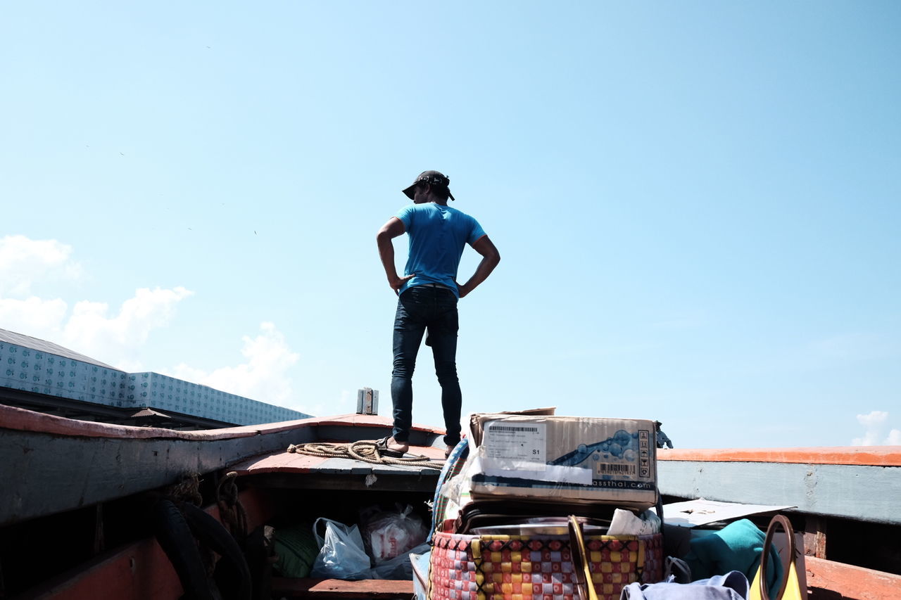 FULL LENGTH REAR VIEW OF MAN STANDING AGAINST SKY