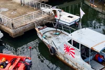 High angle view of boat moored in river