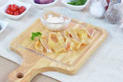 High angle view of food on cutting board