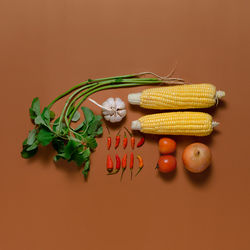 High angle view of vegetables on table against orange background