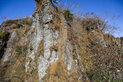 Low angle view of rocks on shore against sky