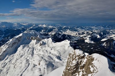 Aerial view of snowcapped mountains against sky