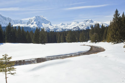 Scenic view of snow covered mountains against sky
