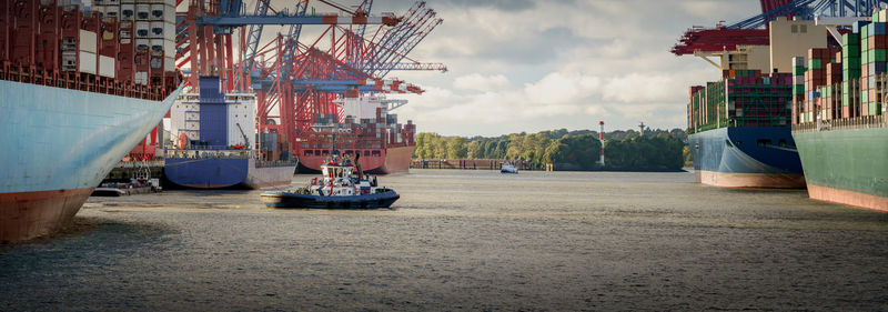 Panoramic view of commercial dock against sky