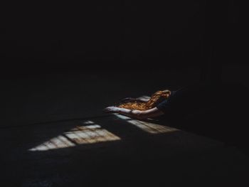 Sunlight falling on woman bending in darkroom