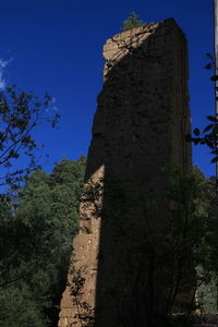 Low angle view of old ruin against clear blue sky