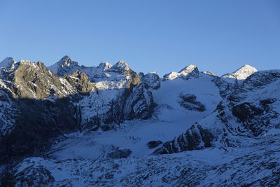 Scenic view of snowcapped mountains against clear blue sky