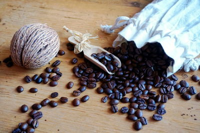 High angle view of coffee beans on table