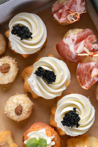 High angle view of cupcakes on table