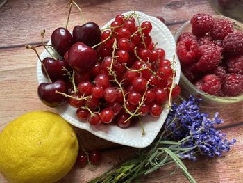 High angle view of fruits in bowl on table