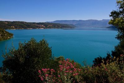 Scenic view of sea against clear blue sky