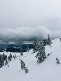 Snow covered landscape against sky