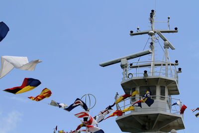 Low angle view of radars mounted on police patrol boat