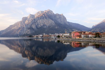 Reflection of buildings in lake against sky