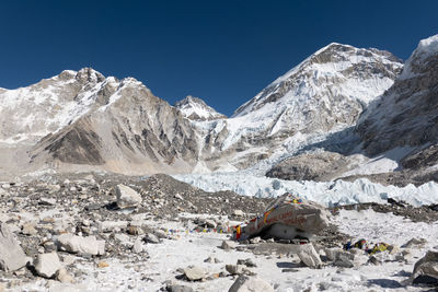 Scenic view of snowcapped mountains against clear sky