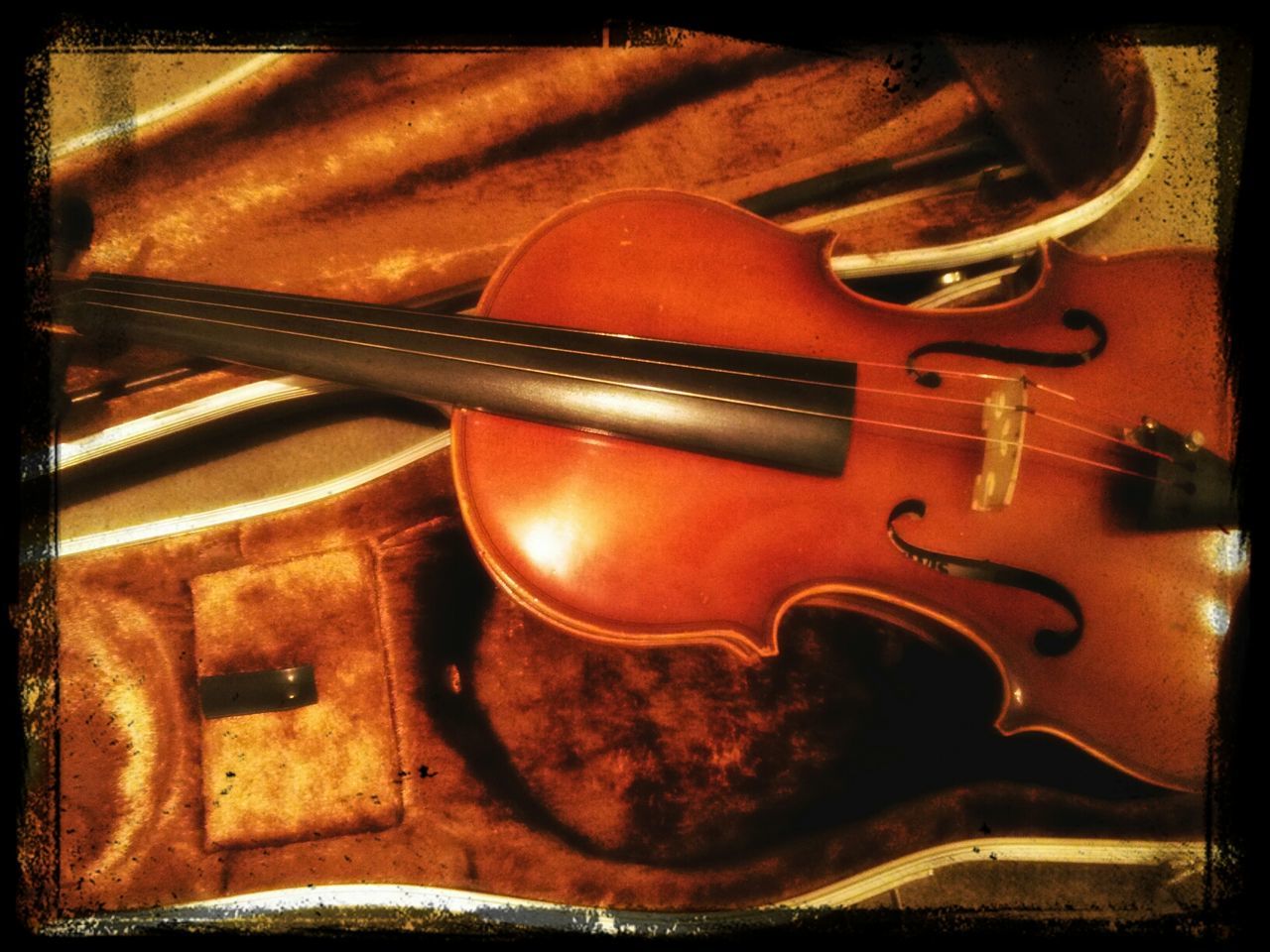 indoors, transfer print, music, musical instrument, auto post production filter, arts culture and entertainment, close-up, musical equipment, still life, old-fashioned, high angle view, metal, wood - material, musical instrument string, guitar, retro styled, technology, no people, old, table