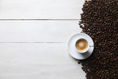 High angle view of coffee cup on table