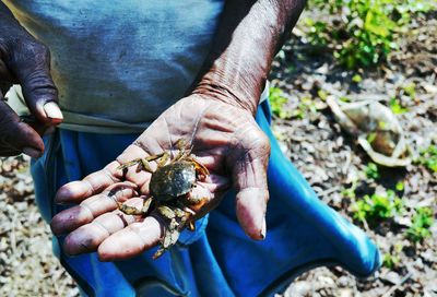 Close-up of young man holding lizard