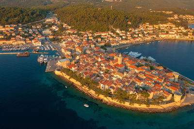 High angle view of city at seaside