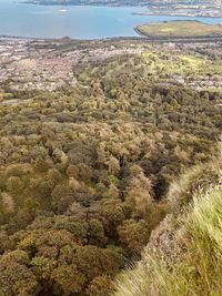 High angle view of land against sky