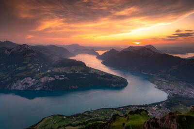 The view during golden hour on top of the fronalpstock in the alps mountain range in switzerland