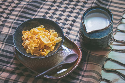 High angle view of breakfast served on table