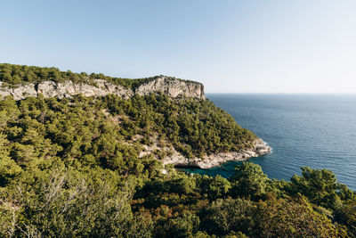 Big rock with forest and azure sea in summer