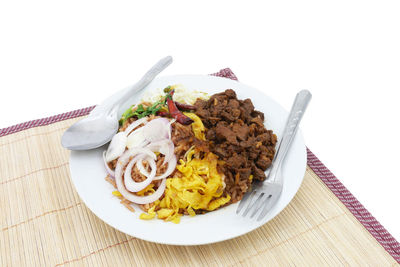 High angle view of food in plate on table