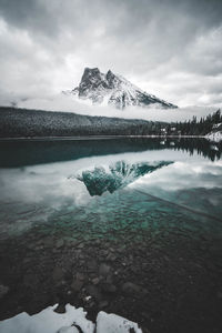 Scenic view of lake by snowcapped mountains against sky