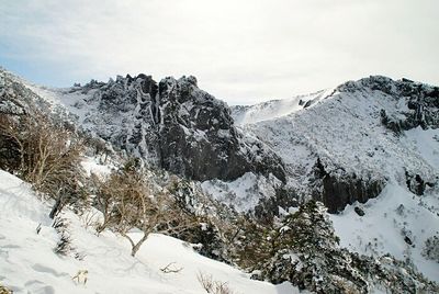 View of snow covered mountain against cloudy sky