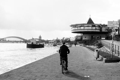 Rear view of man cycling on promenade by rhine river