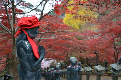 Rear view of man standing by plants during autumn