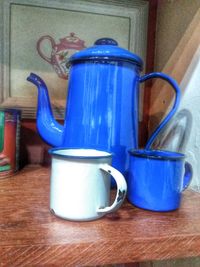 Blue drinking glasses on table