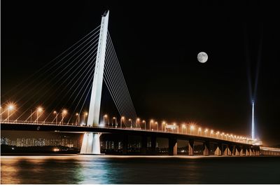 Illuminated suspension bridge at night