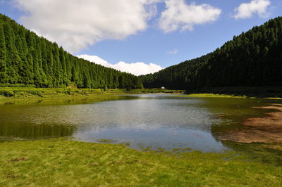 Scenic view of lake against cloudy sky