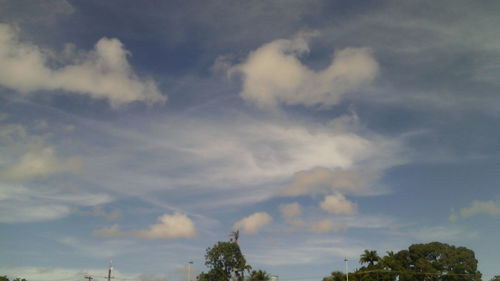 Low angle view of trees against cloudy sky