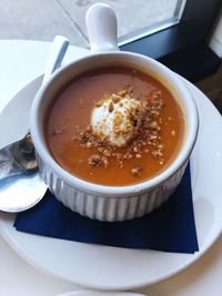 High angle view of soup in bowl on table