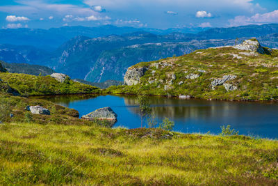 Scenic view of lake by mountains against sky