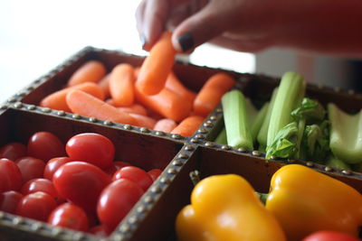 Cropped image of woman holding container with various vegetables