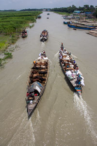 High angle view of boats in sea