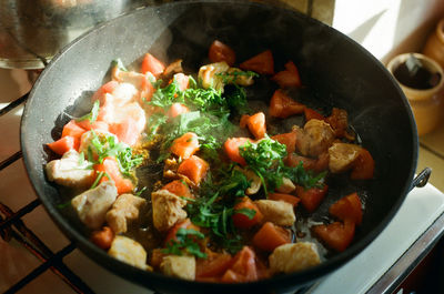 High angle view of food in cooking pan