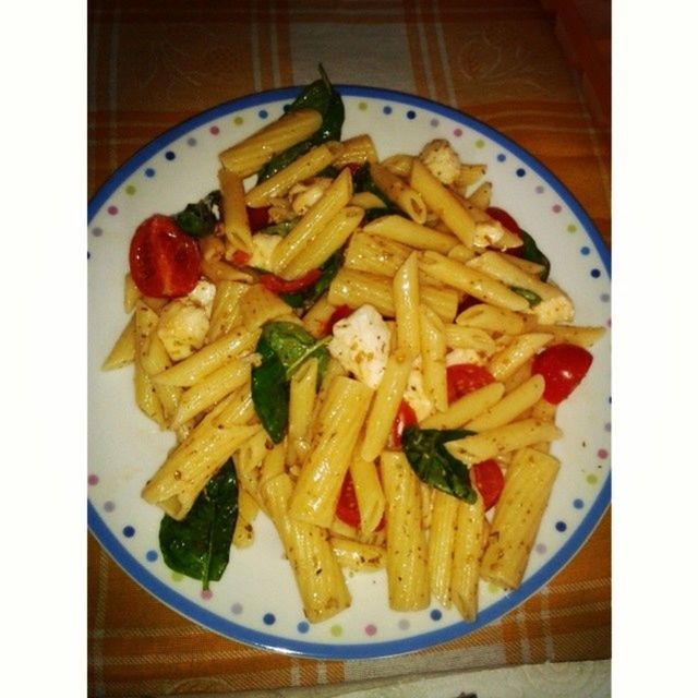 food, food and drink, ready-to-eat, indoors, plate, freshness, transfer print, meal, serving size, healthy eating, still life, table, close-up, auto post production filter, high angle view, indulgence, pasta, served, garnish, vegetable
