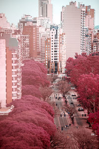 High angle view of buildings and trees in city