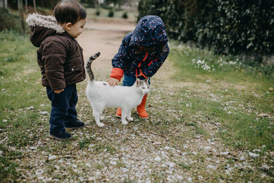 Two child playing with cat 